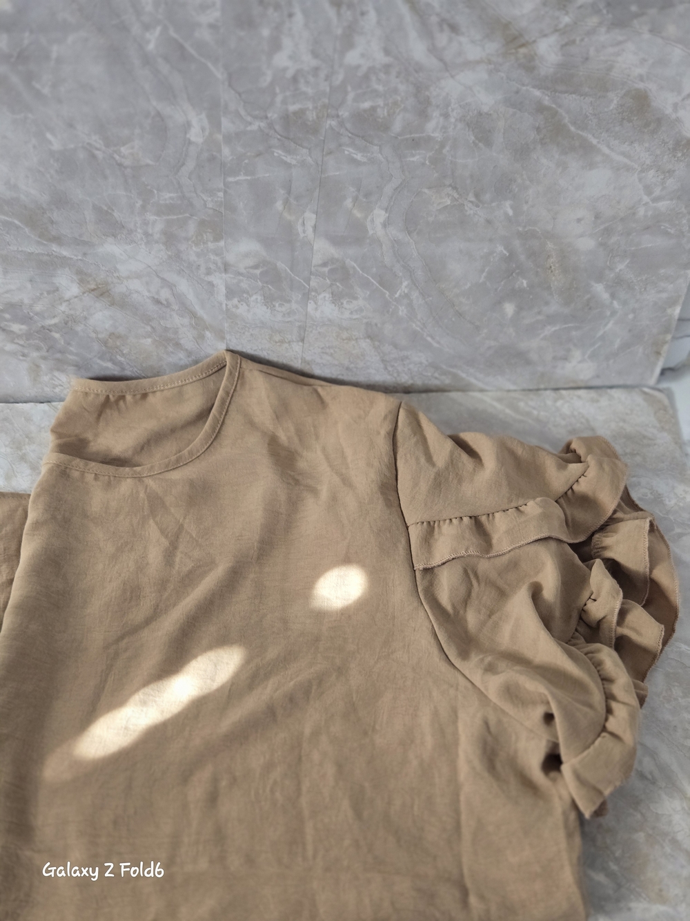 Ruffle Sleeve Short-Sleeve Top in Tan